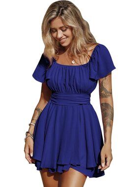 Women's Navy Blue Ruffle Short Sleeve Tie Back Square Neck Polyester Romper